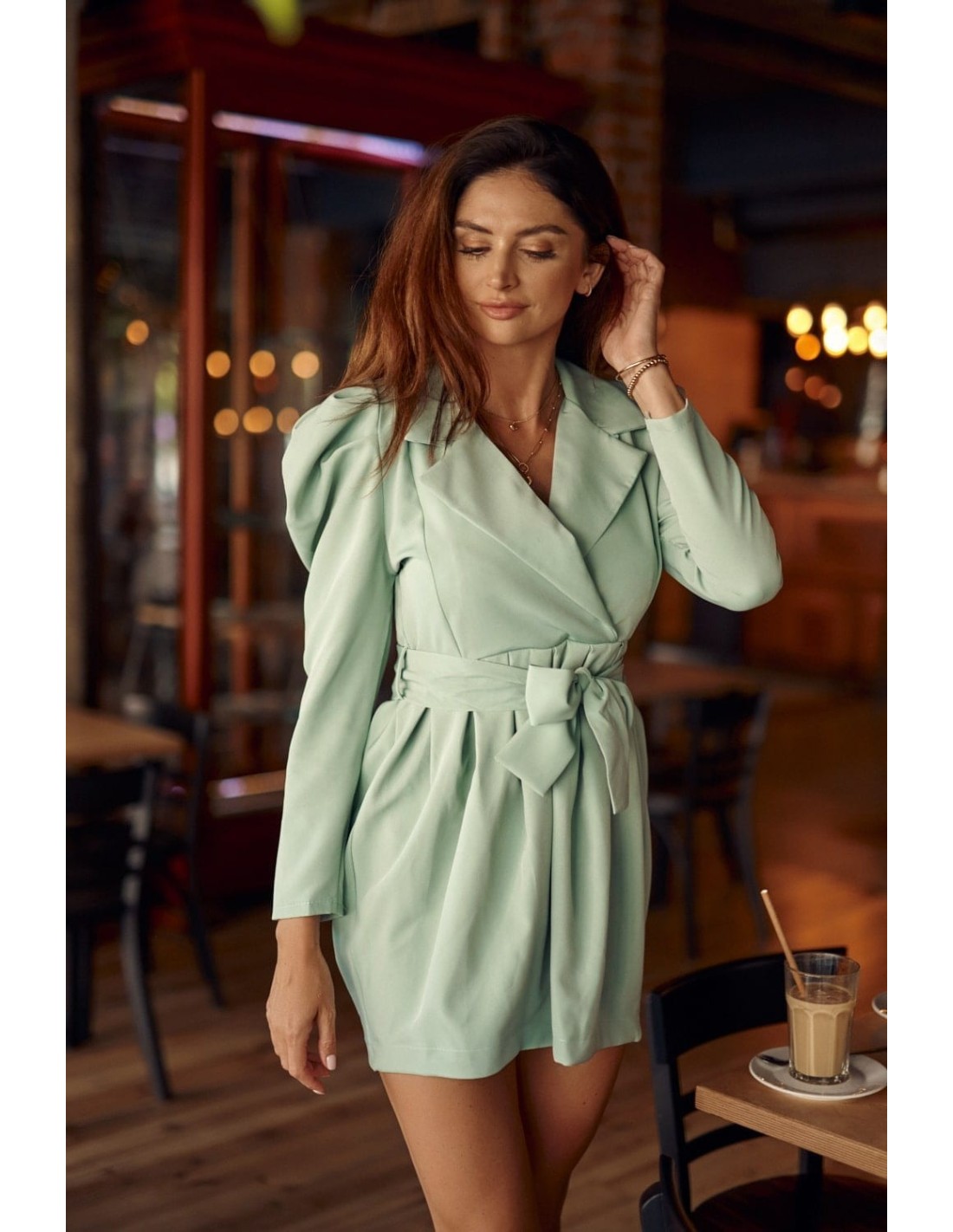 Elegant dress with puffy sleeves, olive green 849 - Online store - Boutique